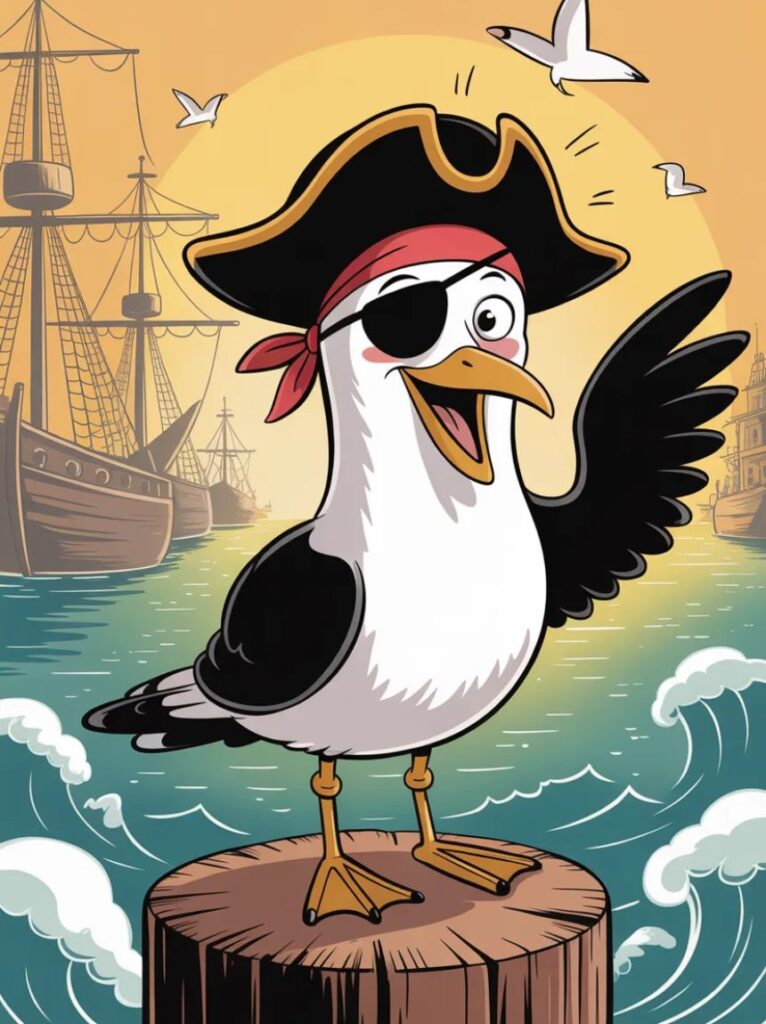 A fun image showing pirate seagull jokes with cartoon seagulls wearing pirate hats, eye patches, and sharing silly, adventurous humor