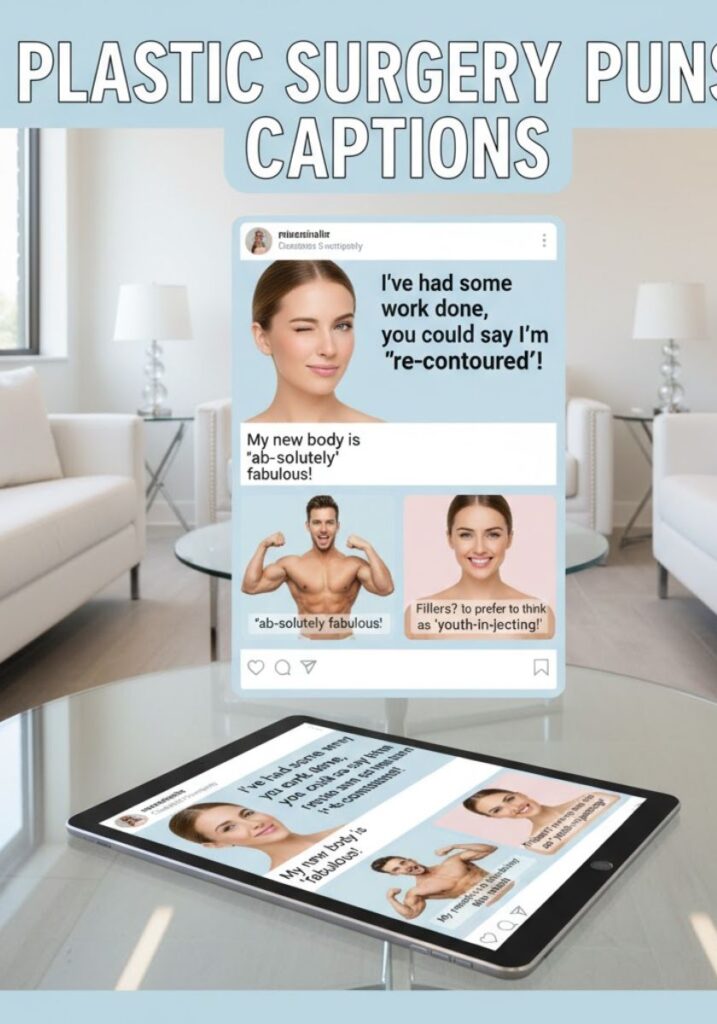 Clever plastic surgery puns and captions featuring funny one-liners and light-hearted humor perfect for Instagram and social media sharing."