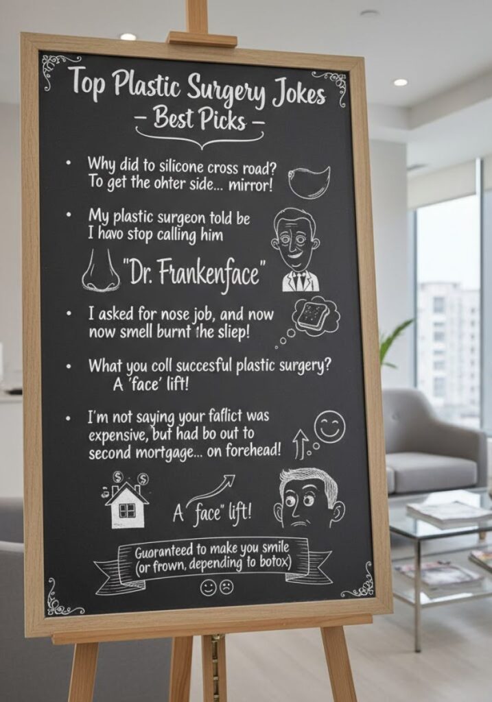 Plastic surgery puns and one-liners featuring clever wordplay and funny humor perfect for sharing laughs on social media or with friends."