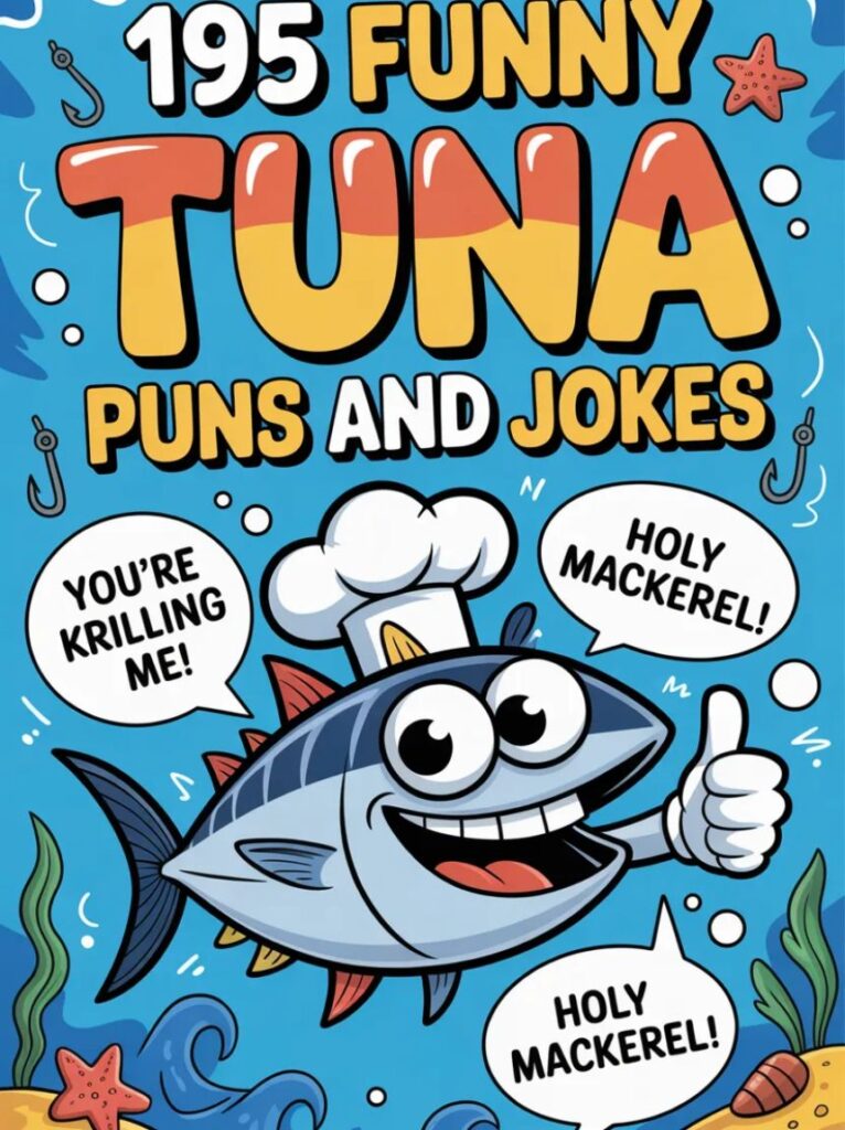 A cheerful cartoon tuna swimming and smiling, surrounded by playful text, representing 195 funny tuna puns and one-liner jokes for 2025.