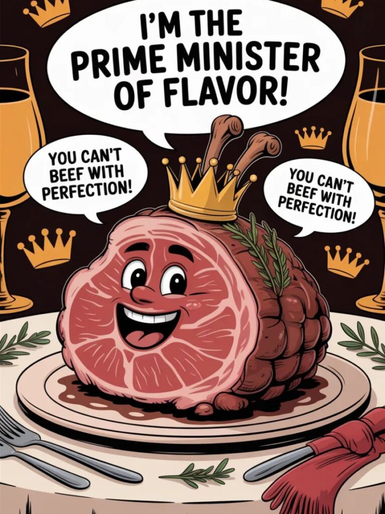 A delicious cartoon prime rib on a plate with a happy face, representing playful and witty prime rib puns.
