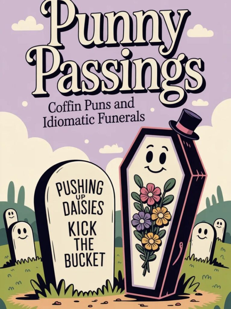 A humorous image showcasing punny coffin puns and idiomatic funeral jokes with cartoon coffins and tombstones