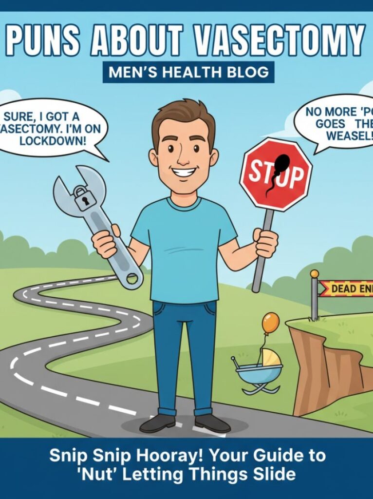 A cheerful man reading a health blog on his tablet, laughing at clever vasectomy puns, highlighting humor in men’s health content.