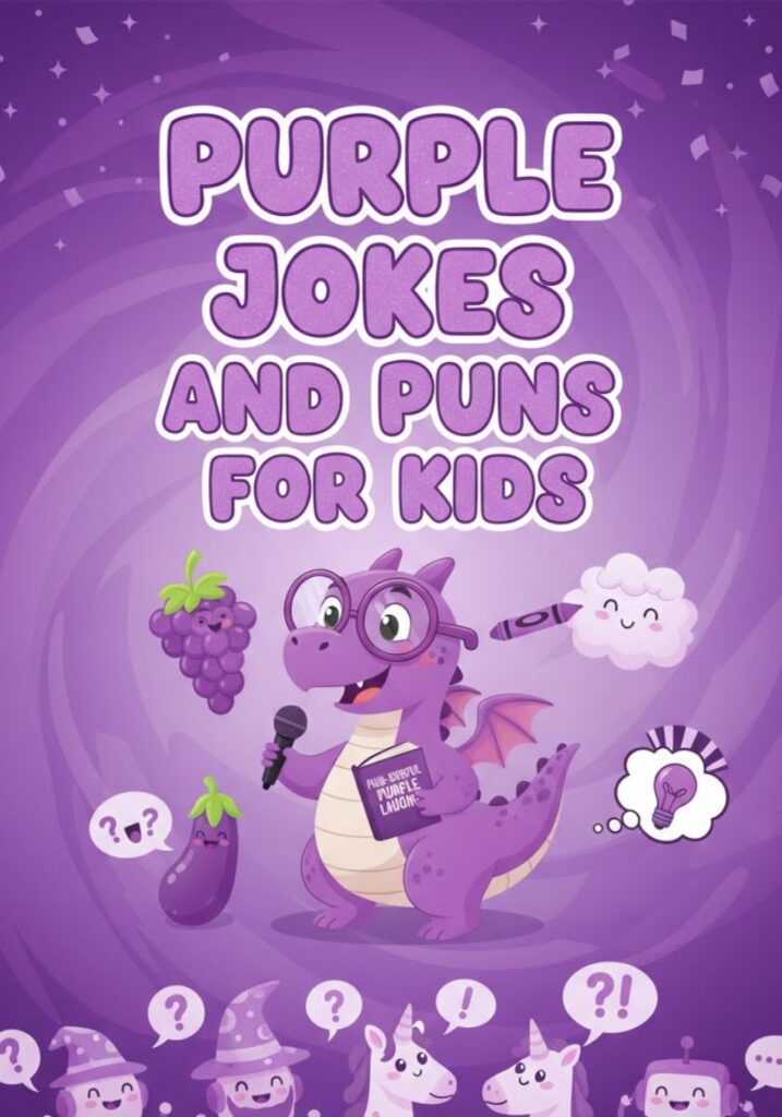 A cheerful collection of purple jokes and puns for kids. Features cute characters, playful wordplay, and colorful designs