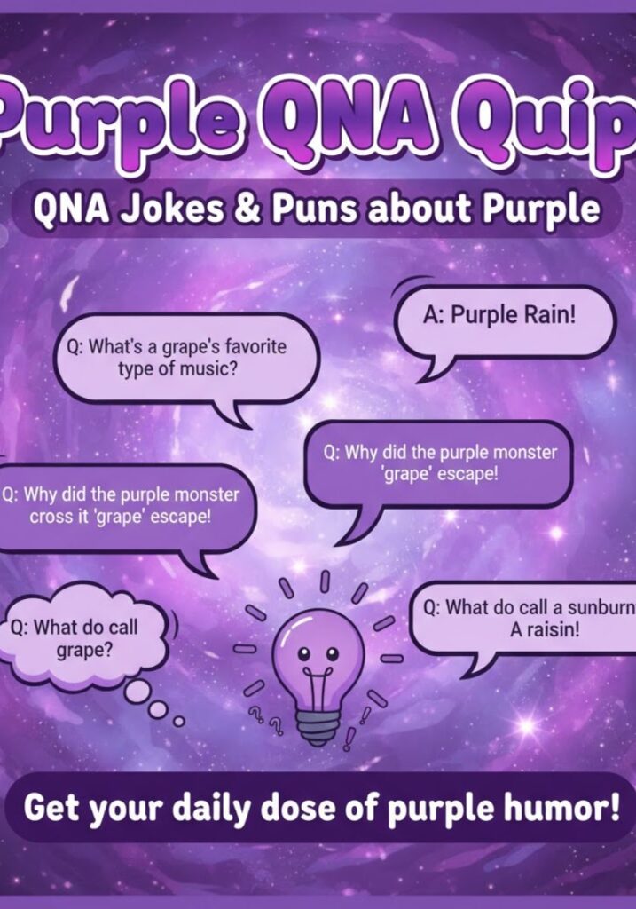 A fun Q&A-style collection of purple jokes and puns. Features playful wordplay, creative humor,