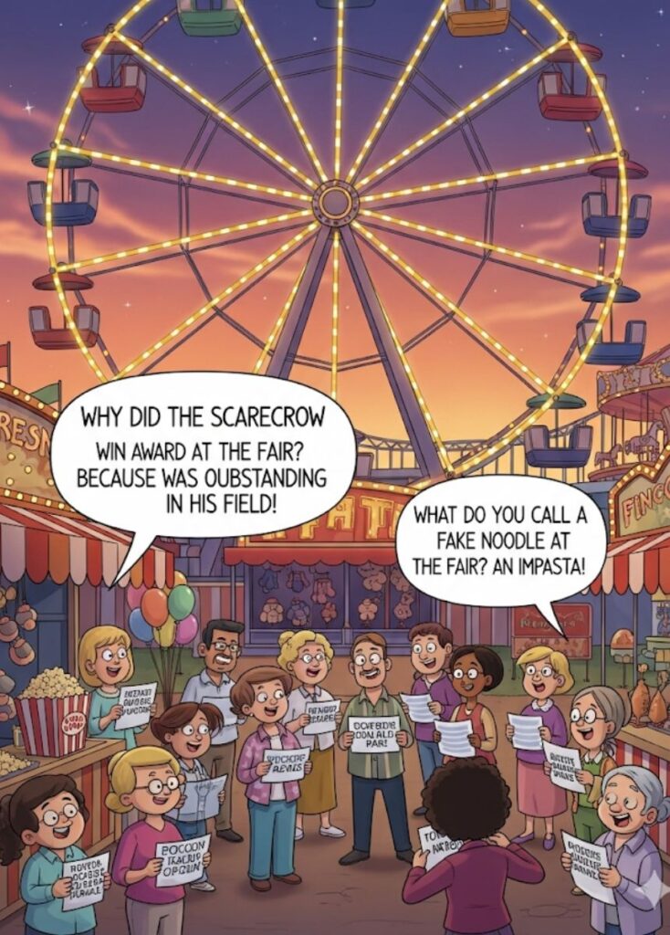 A collection of quick fair-themed jokes that deliver a smile, featuring playful humor, clever wordplay, and lighthearted fun for readers.