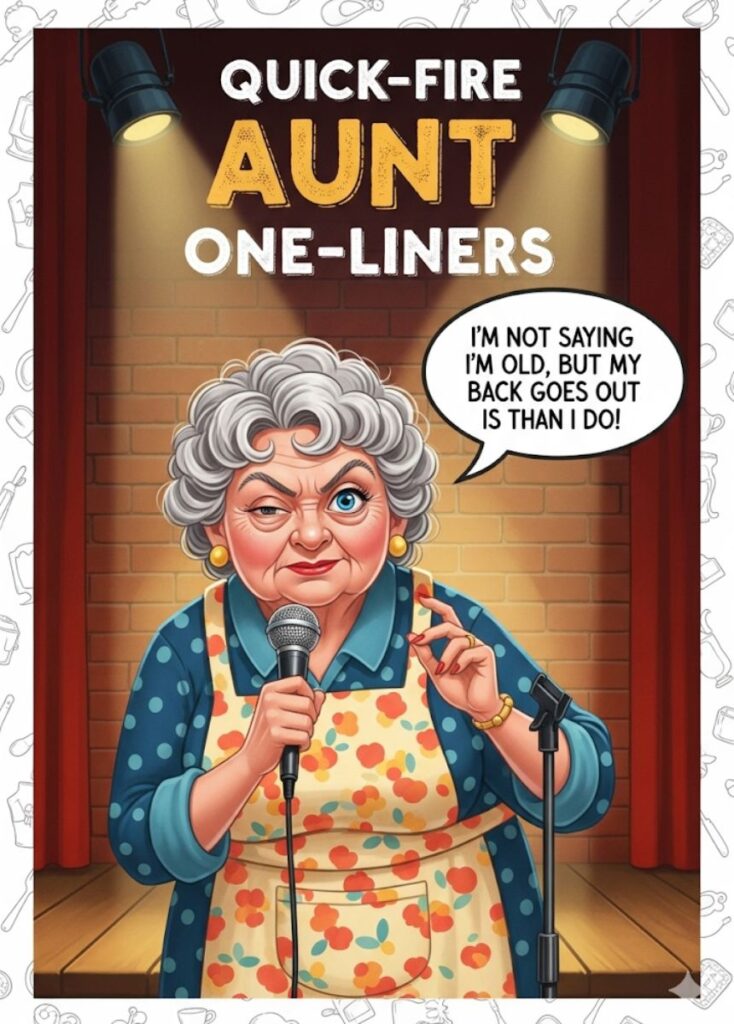 A collection of quick-fire aunt-themed one-liners, featuring witty humor, playful wordplay, and lighthearted jokes to entertain and amuse readers."