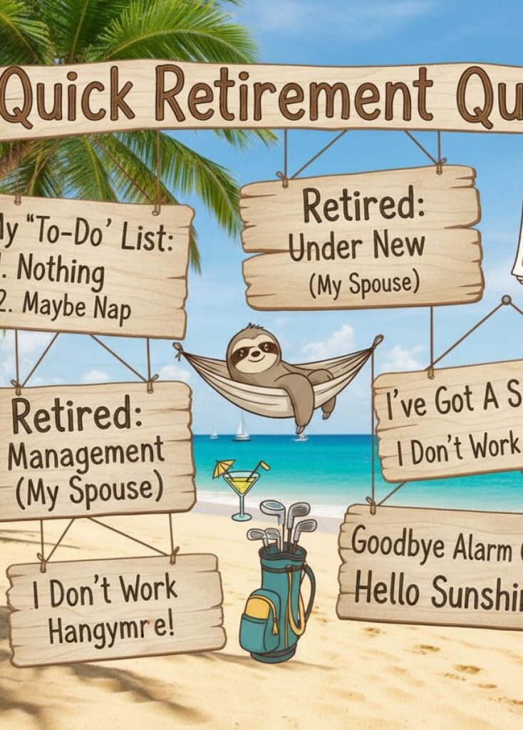 A collection of quick retirement-themed quips, featuring playful humor, clever wordplay, and lighthearted laughs perfect for celebrating retirements.