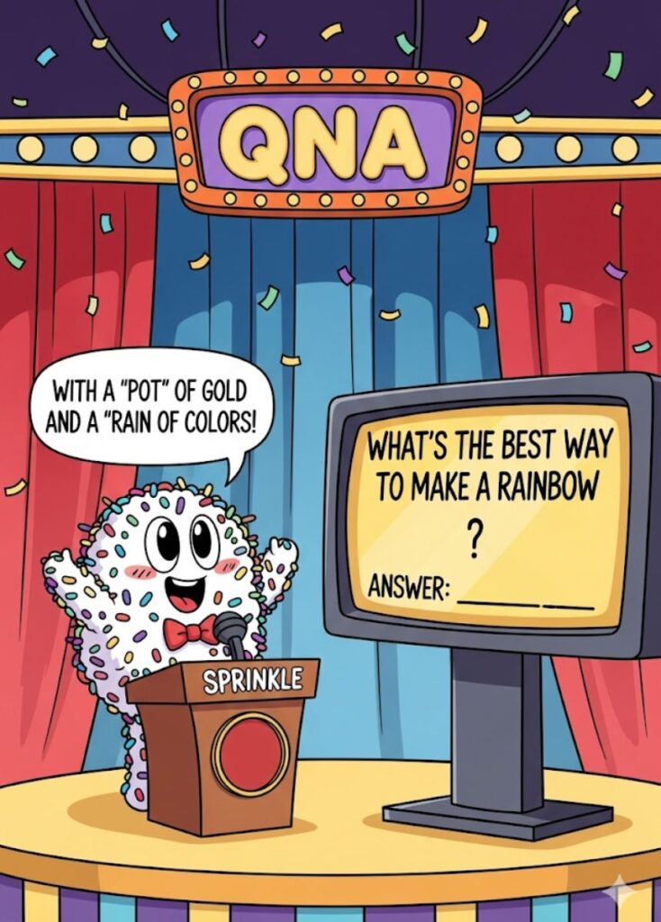 A collection of quick-witted sprinkle-themed Q&A jokes, featuring playful question-and-answer humor, clever wordplay, and fun, lighthearted entertainment."