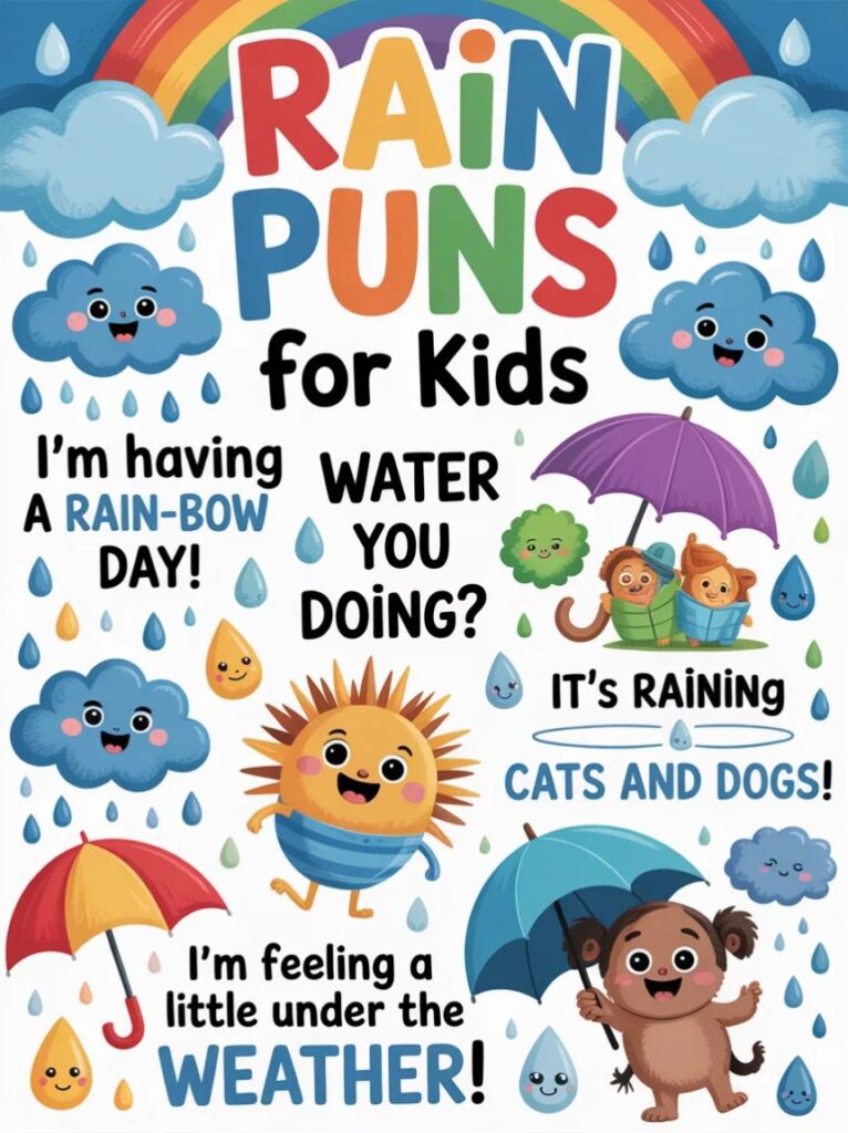 Children jumping in colorful puddles with umbrellas, laughing at playful and silly rain puns made just for kids