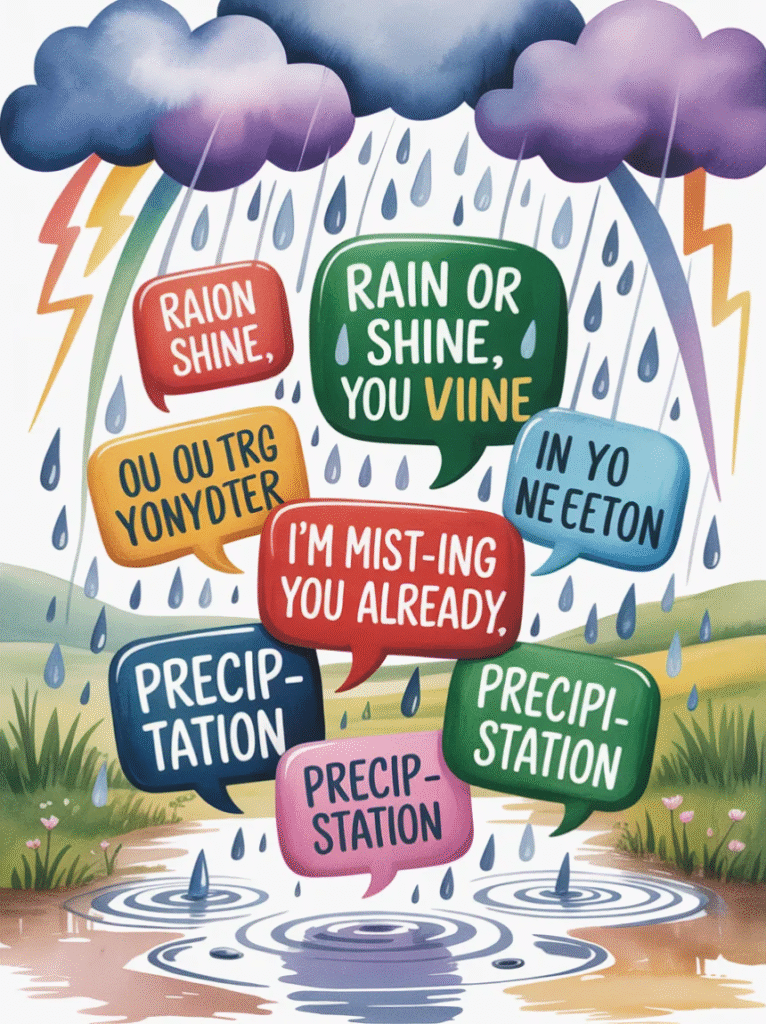 A serene scene of gentle rain falling on a notebook and pen, symbolizing creative rain puns ready to be used in poems.