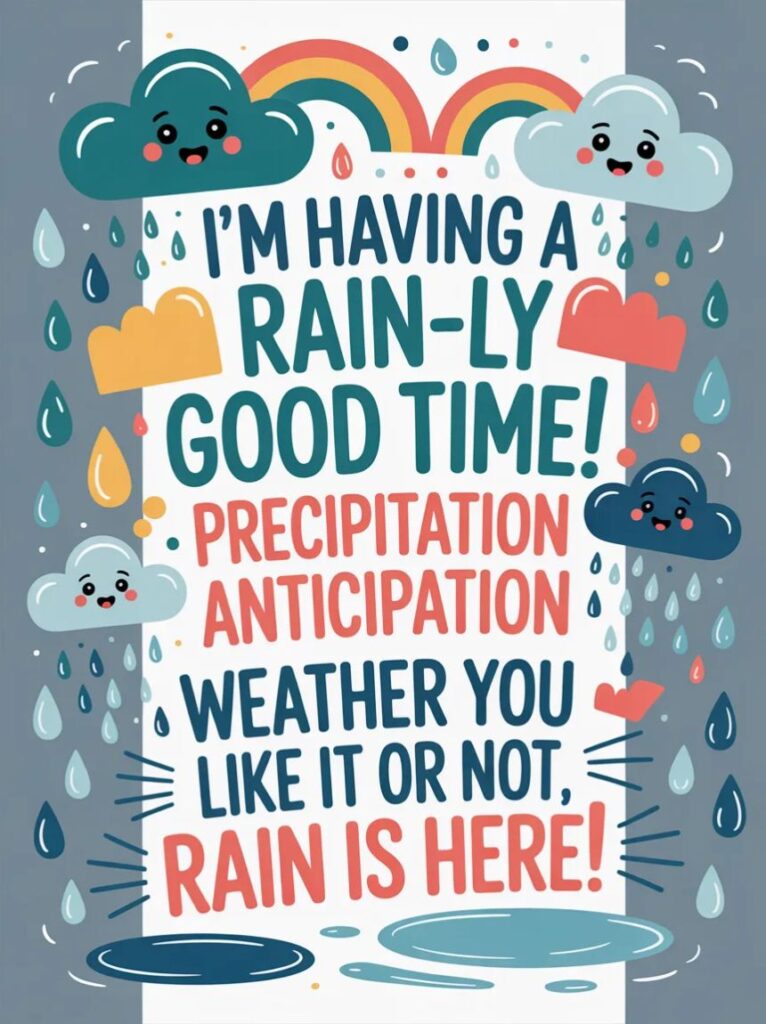 A person holding a bright umbrella on a rainy street, smiling while sharing clever and fun rainy-day puns