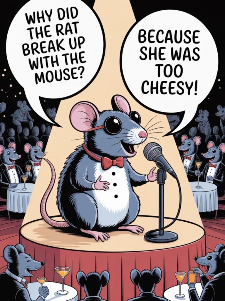 A cartoon rat with a sly smile, representing funny and witty rat jokes made for adults.