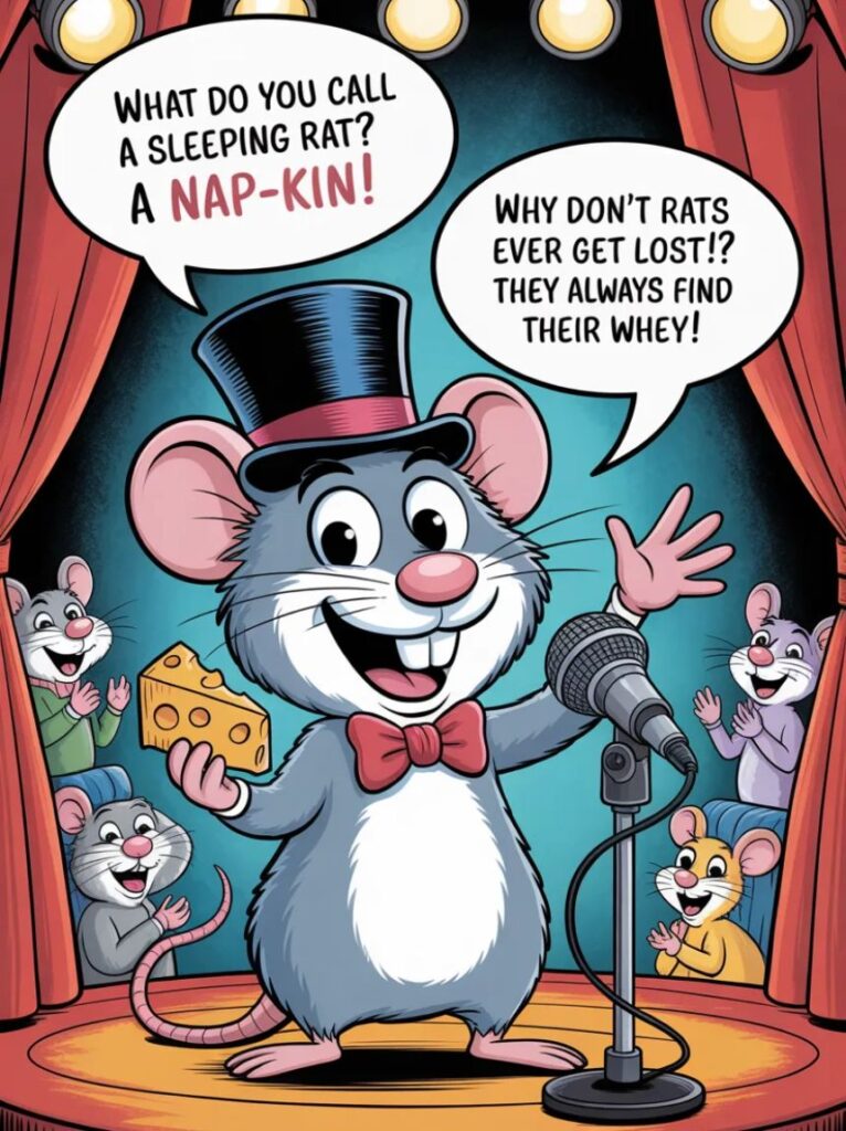 A cute cartoon rat laughing and holding cheese, representing funny rat puns and jokes that bring smiles to all ages.