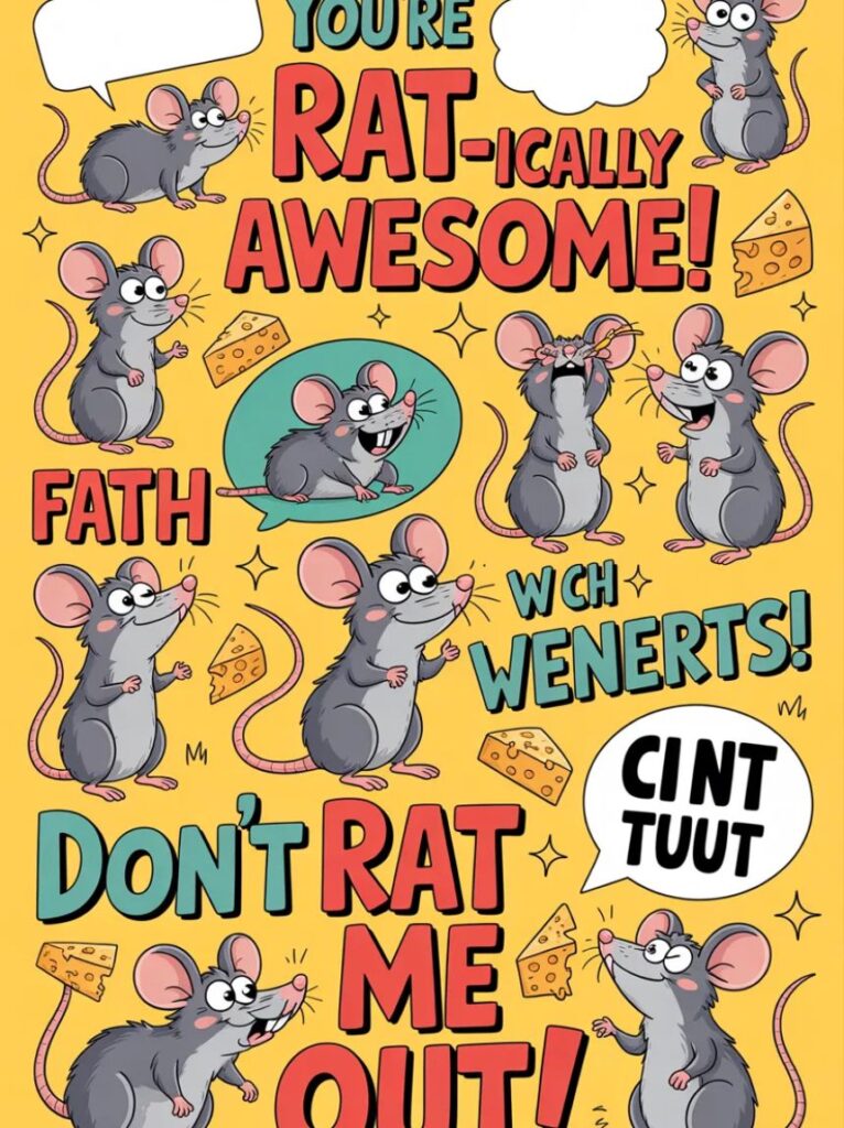A smiling cartoon rat with a piece of cheese, representing clever and funny rat puns and one-liner jokes.