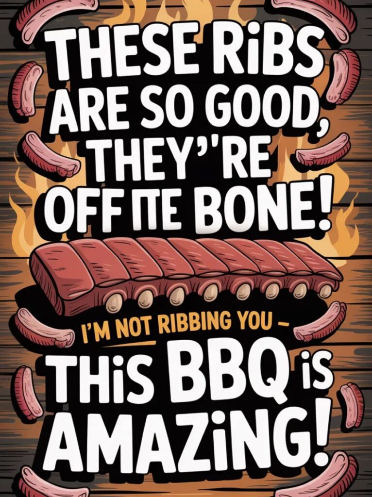 A cartoon rack of ribs with a smiling face, representing clever and funny one-liner jokes about ribs.