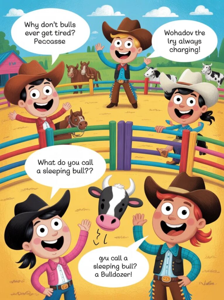 Kids laughing at a friendly rodeo show with a clown cowboy telling funny rodeo jokes and puns, creating a joyful and playful atmosphere.