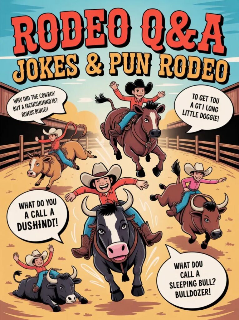 A smiling cowboy holding a microphone at a rodeo arena, answering funny questions and sharing puns about rodeo life with a lively audience.