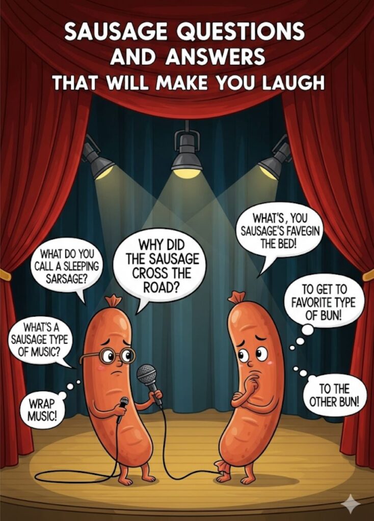 A collection of sausage-themed question-and-answer jokes, featuring playful humor, witty responses, and lighthearted fun to make readers laugh."