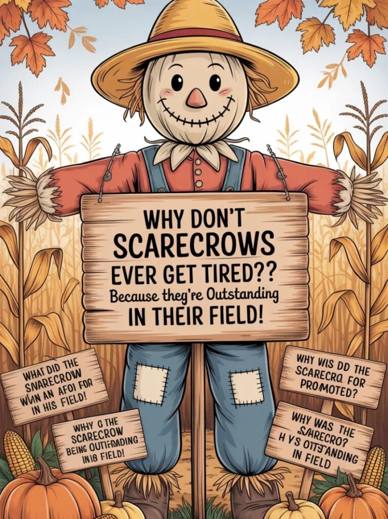 An elderly person laughing while looking at a cheerful scarecrow, enjoying lighthearted scarecrow jokes and puns in a fun and friendly setting.