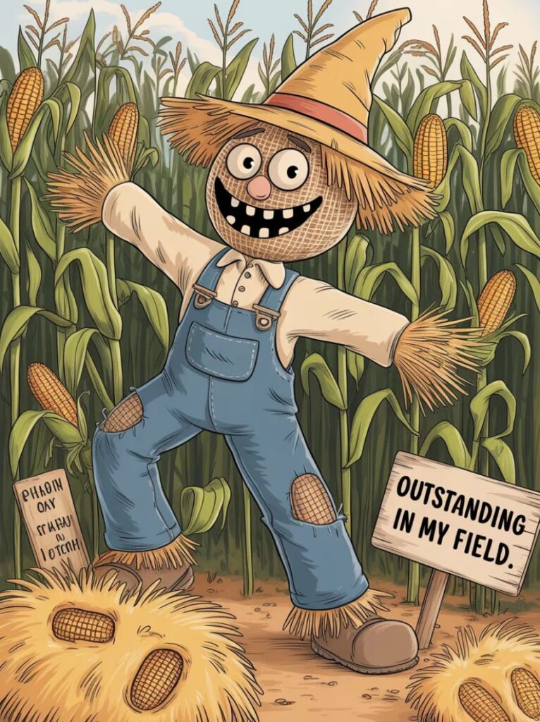 A mischievous cartoon scarecrow with a cheeky grin, representing playful and humorous adult-themed scarecrow puns.