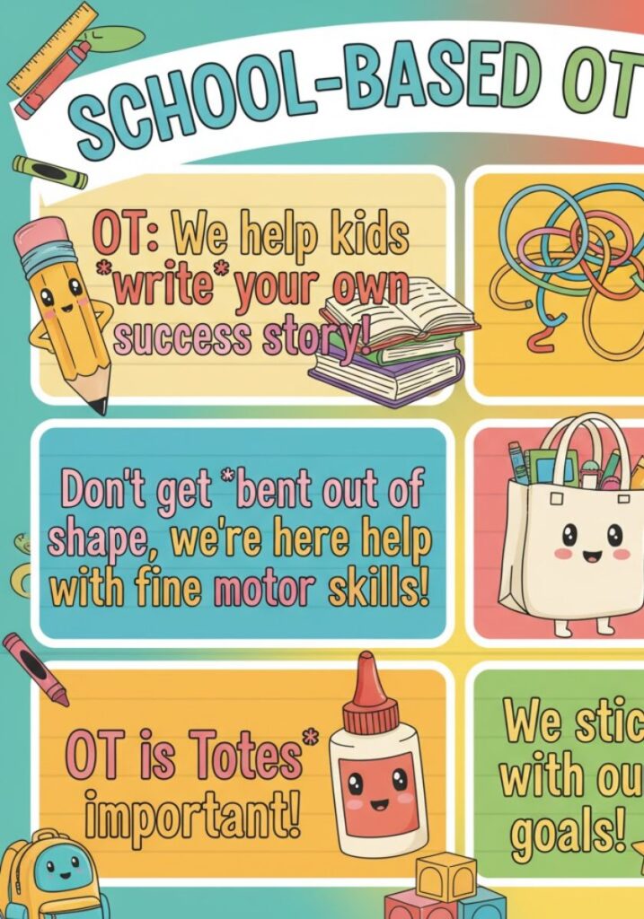 "School-based occupational therapy puns featuring clever wordplay and funny one-liners perfect for OTs, educators, and kids’ therapy humor."