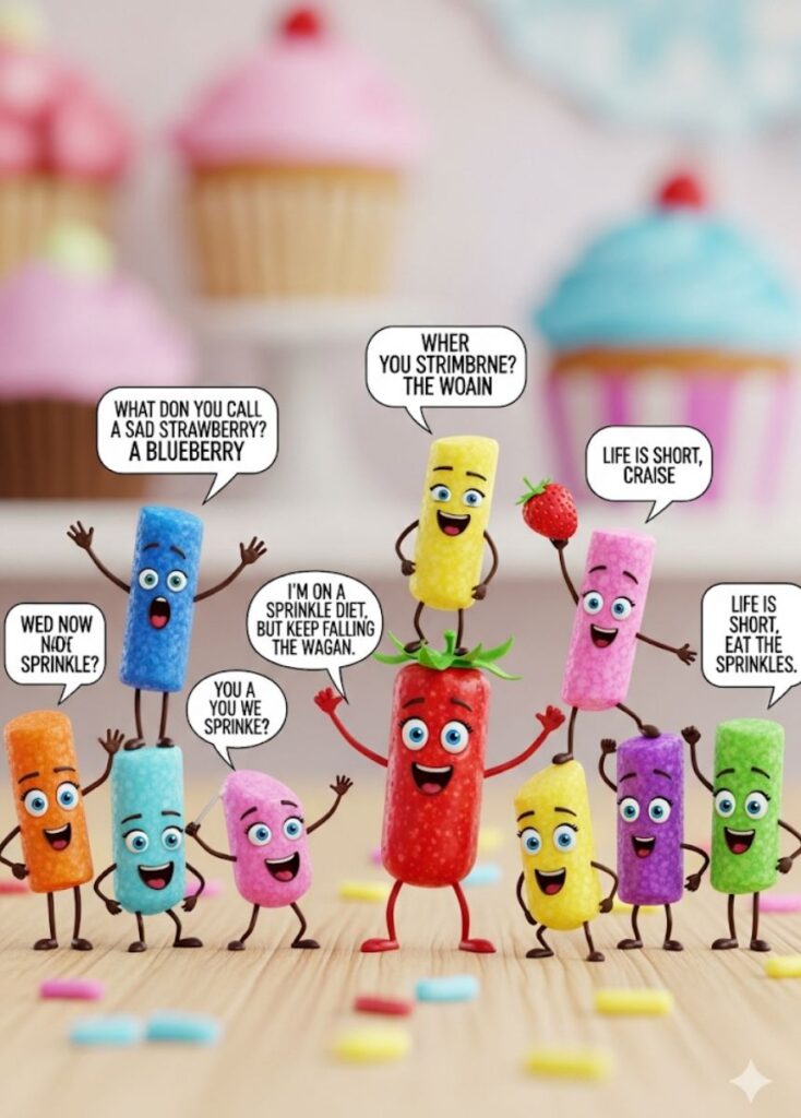 A collection of short and funny sprinkle-themed one-liners, featuring witty humor, playful wordplay, and lighthearted jokes that add flavor to your day