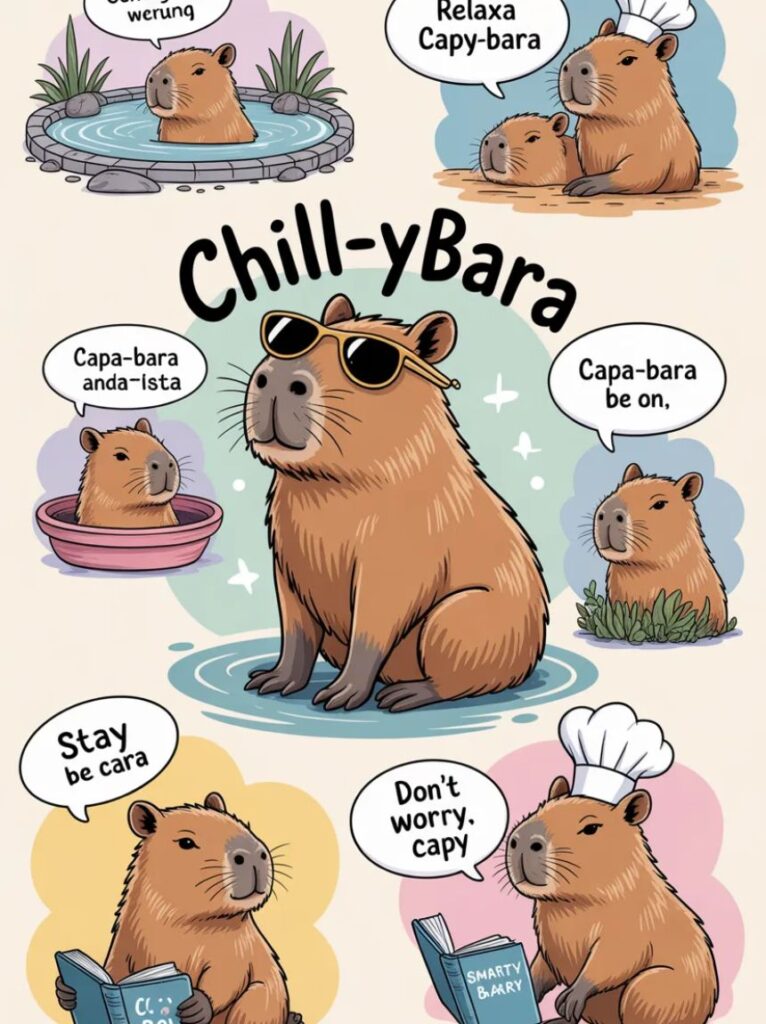 A smiling cartoon capybara standing in a field, showcasing short and general capybara puns for lighthearted humor.