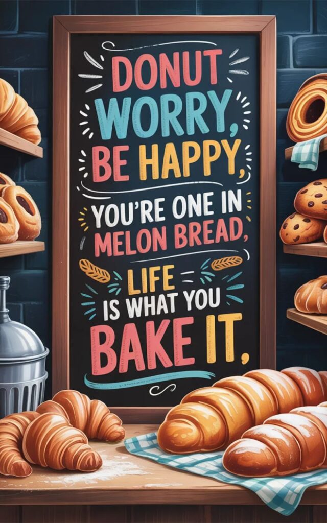 A playful image featuring short bakery puns with cartoon bread, donuts, and cakes sharing quick, witty, and sweet humor