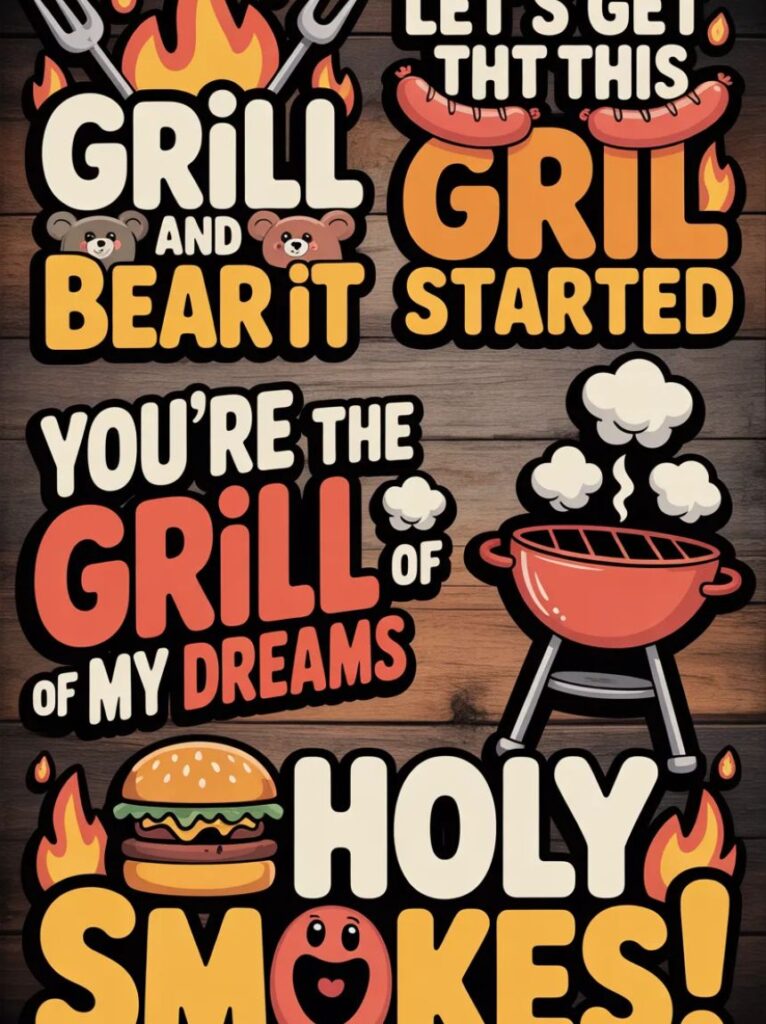 A cartoon barbecue grill with smiling flames, representing short and witty BBQ puns perfect for quick laughs.