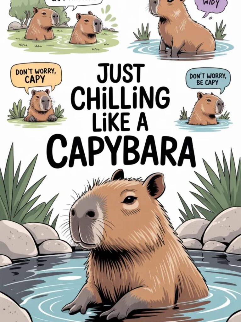 A smiling cartoon capybara with a lighthearted expression, representing short and funny capybara puns.