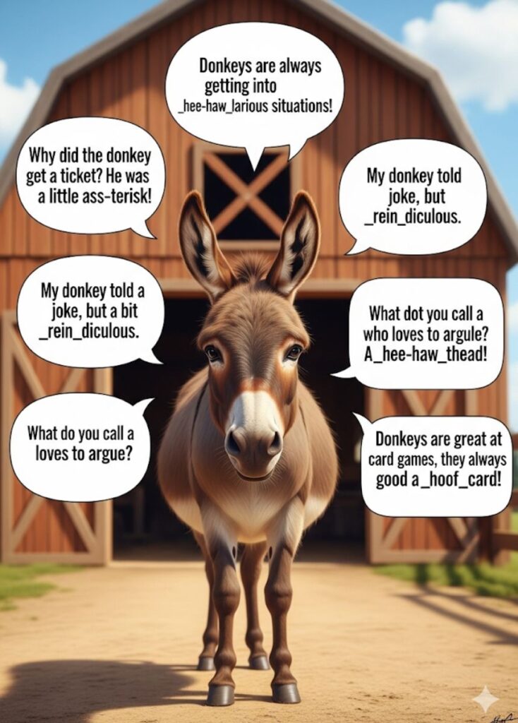 A collection of short donkey-themed puns and one-liners, featuring witty humor, playful wordplay, and quick, entertaining jokes for readers to enjoy."