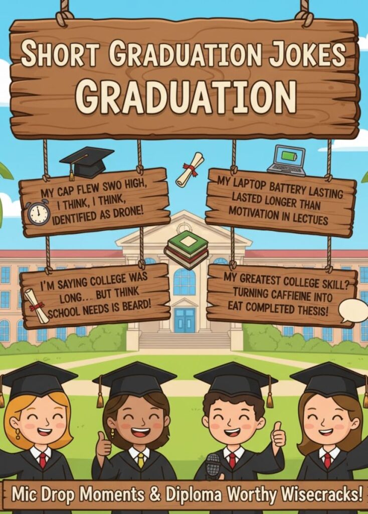 "Illustration of a graduate giving a speech, smiling and delivering short, funny graduation jokes to the audience."