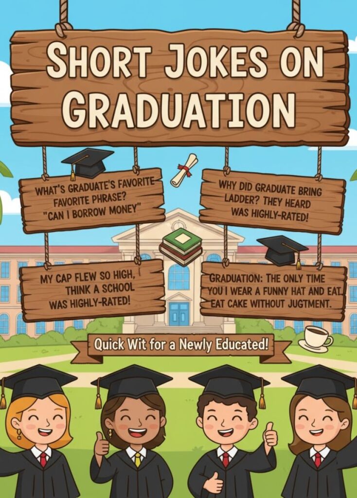 "Illustration of happy graduates sharing short, funny jokes while tossing caps in the air."