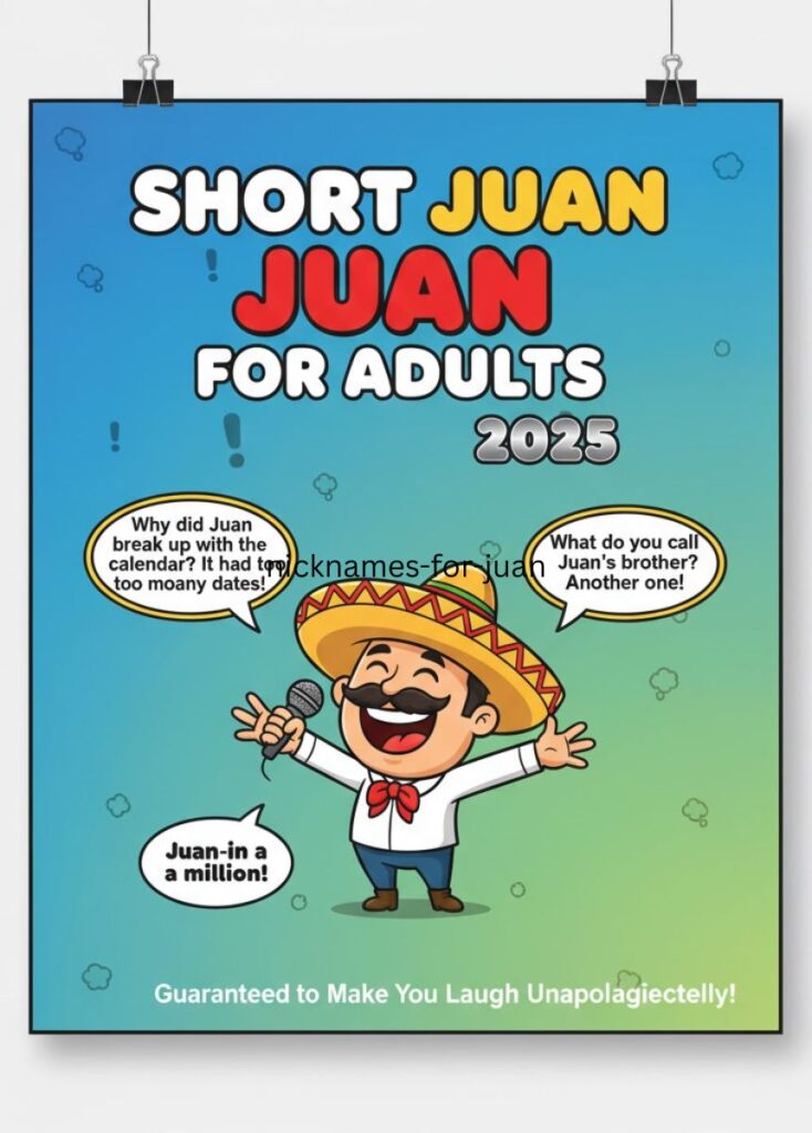 "Illustration of adults laughing together while enjoying short, funny Juan-themed jokes."