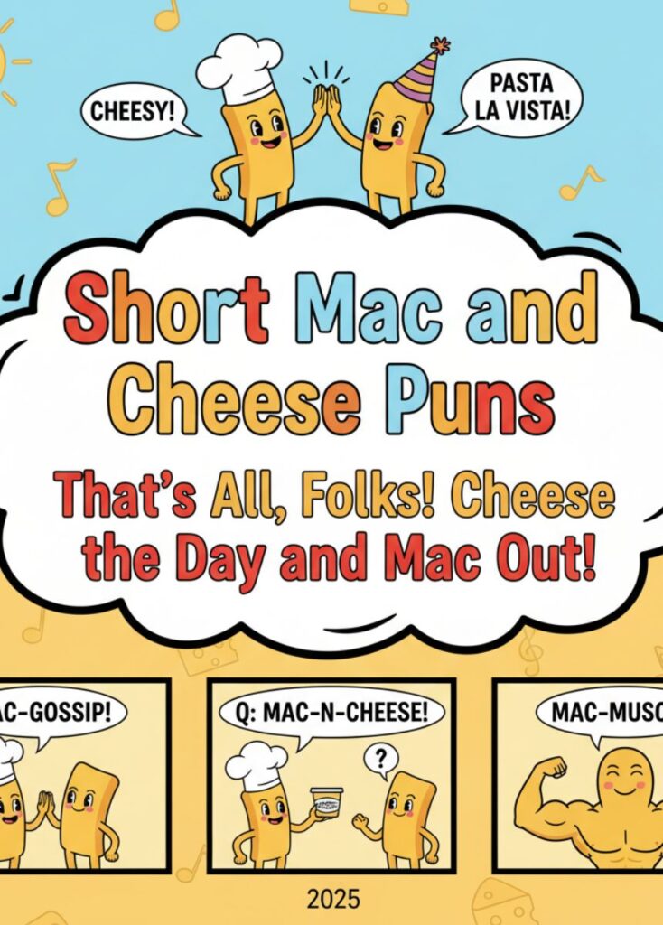 collection of short mac-and-cheese-themed puns, featuring playful humor, clever wordplay, and lighthearted jokes perfect for quick laughs.