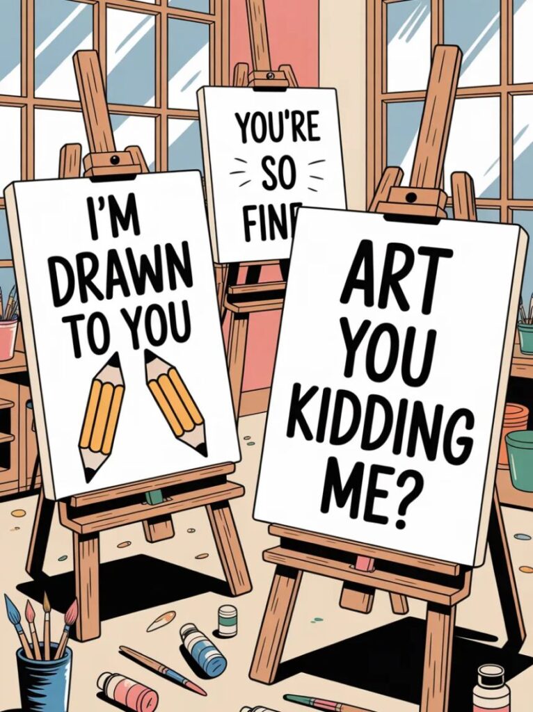 A happy cartoon painter holding a small brush, representing short and witty painting puns