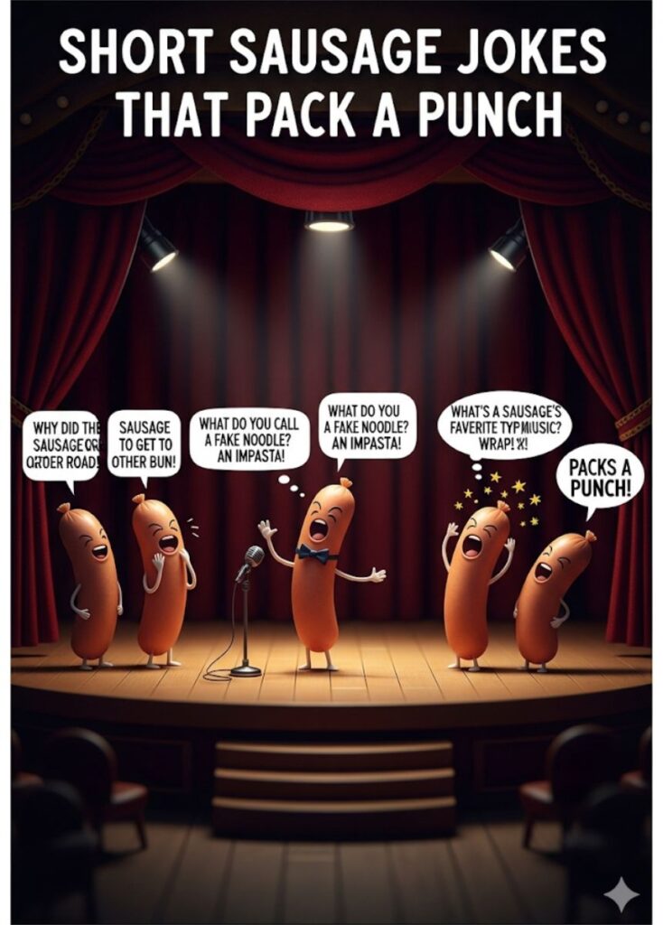 A collection of short sausage-themed jokes that pack a punch, featuring playful humor, witty wordplay, and quick, entertaining laughs