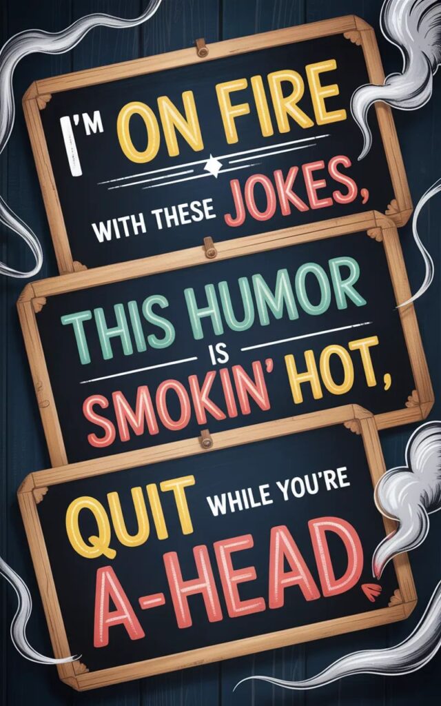 A fun image featuring short smoking puns with cartoon cigarettes, cigars, and smoke clouds delivering quick, witty, and lighthearted humor.