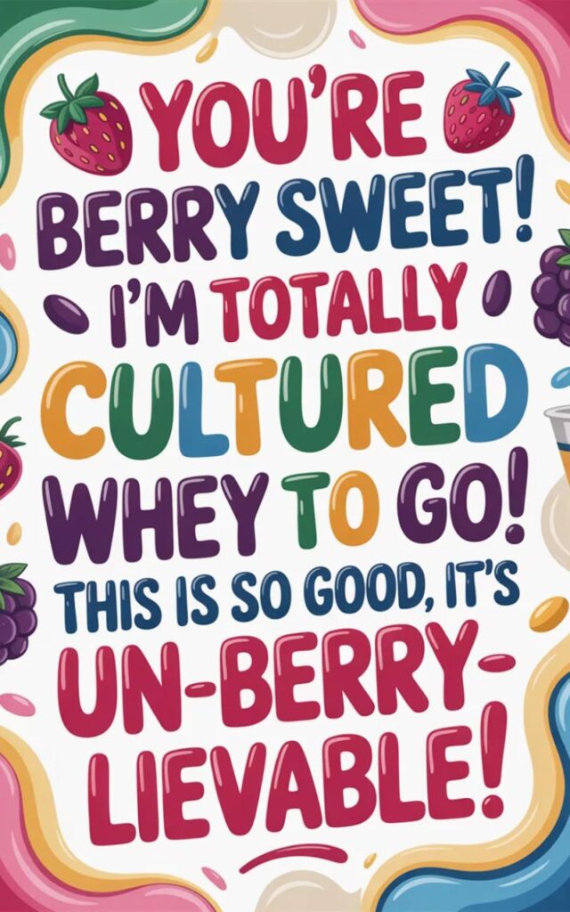 A fun image featuring short yogurt puns with cartoon yogurt cups and spoons delivering quick, witty, and lighthearted snack-themed humor.