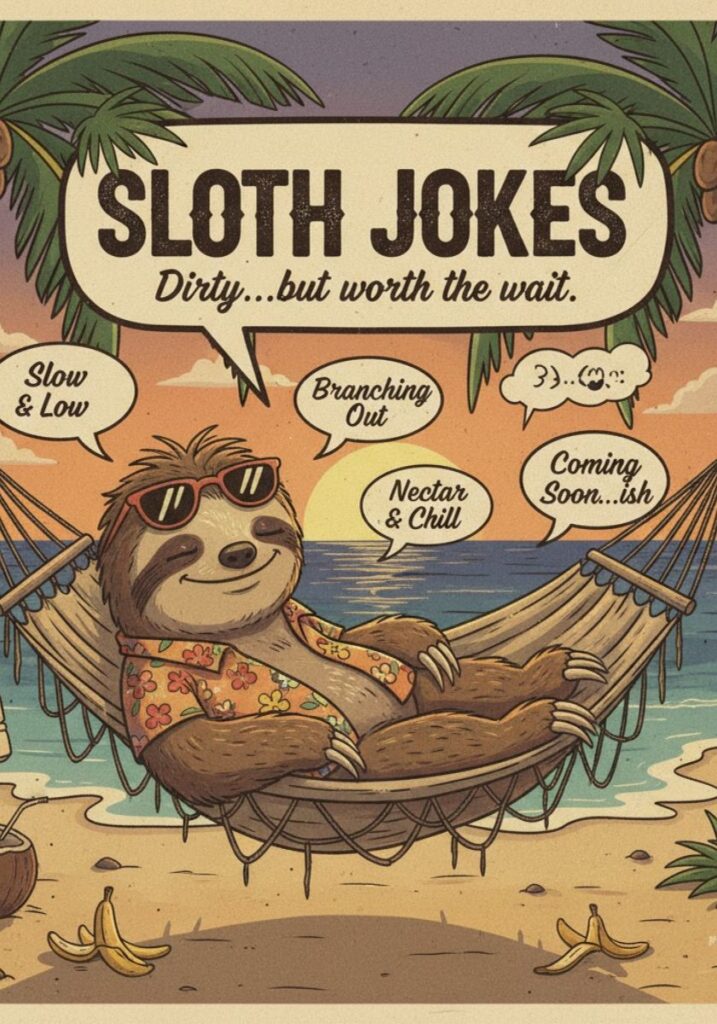 Funny and slightly naughty sloth jokes with clever, adult humor and playful wordplay, perfect for sharing laughs responsibly online."
