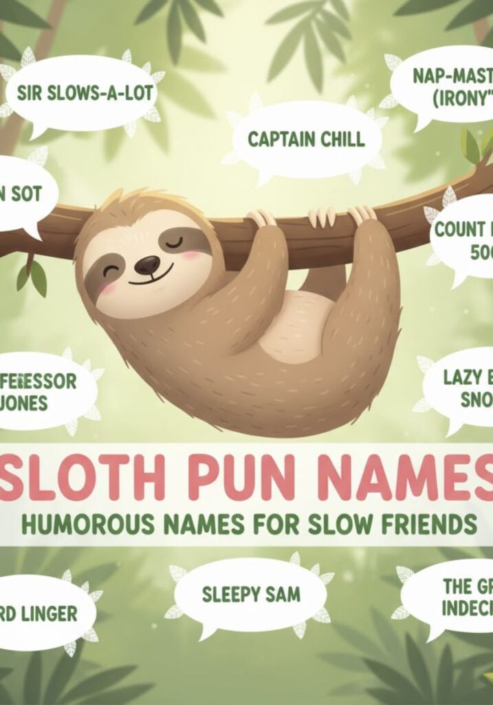 Creative sloth pun names collection with funny and clever wordplay, perfect for naming pets, characters, or sharing laughs with friends.