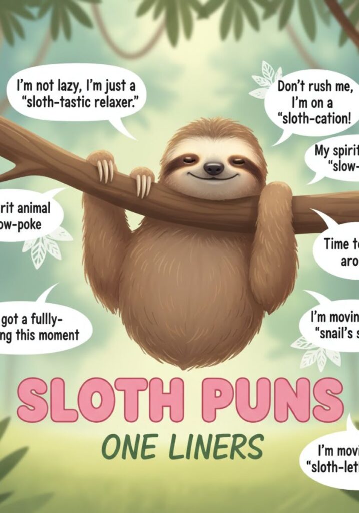 Sloth puns in one-liner format, featuring funny wordplay and clever humor perfect for sharing laughs online or with friends