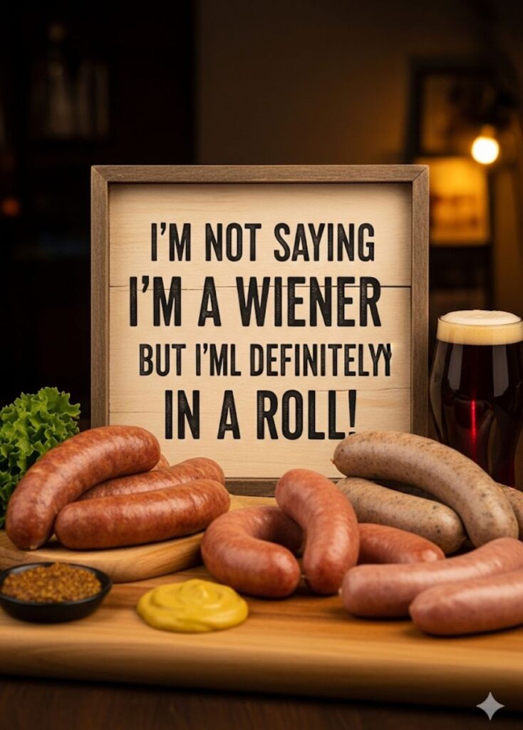 A collection of smart and witty sausage-themed joke captions, featuring clever wordplay, playful humor, and entertaining ideas perfect for social media posts."
