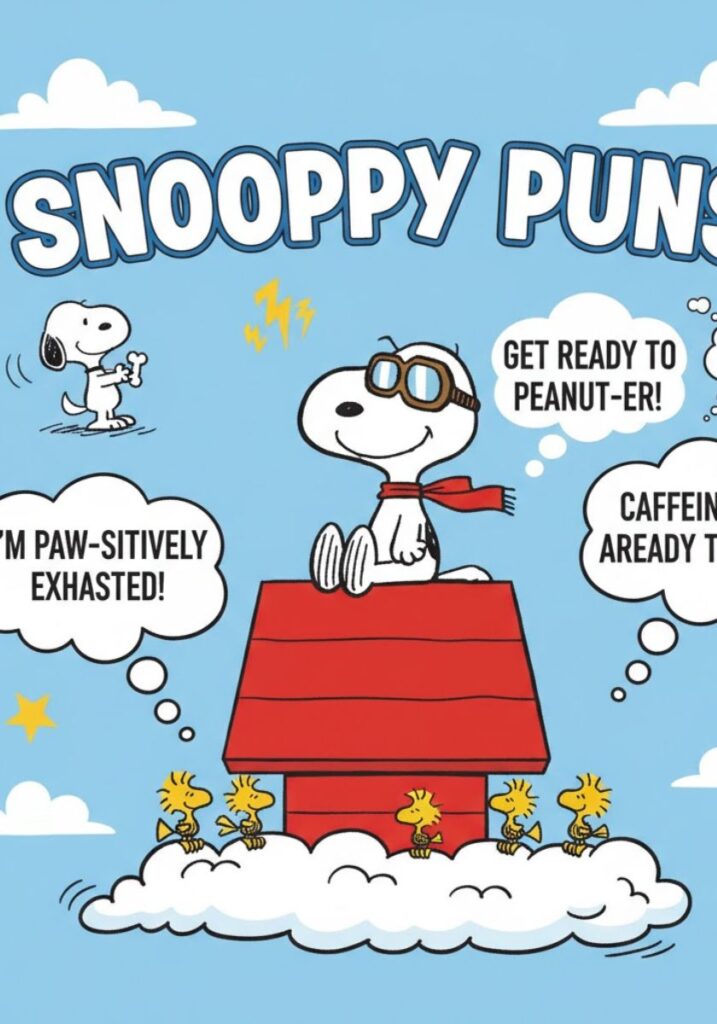 "Snoopy puns and captions featuring clever Peanuts humor, witty one-liners, and playful jokes perfect for social media posts and sharing laughs."