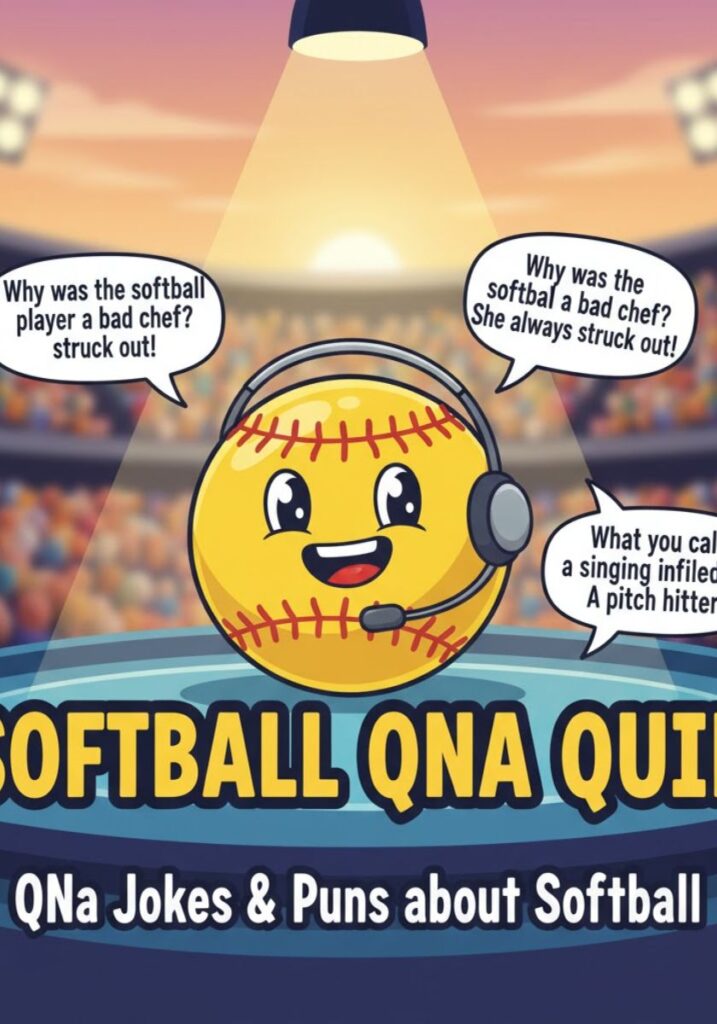 Funny Q&A-style softball jokes and puns featuring players laughing on the field. A lighthearted mix of humor, teamwork, and sporty fun celebrating softball.