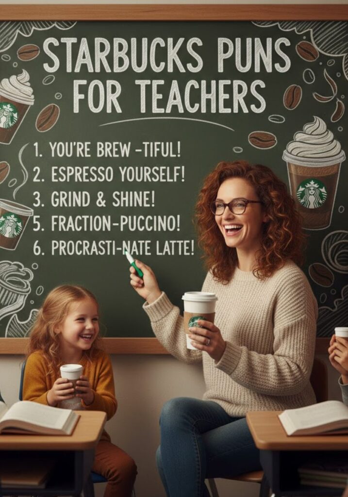 Starbucks puns for teachers, featuring funny one-liners and clever coffee humor perfect for classroom laughs and sharing with fellow educators."