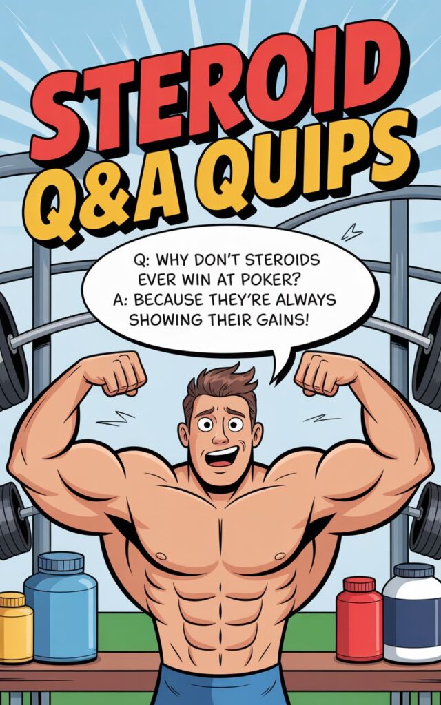Alt text: “Steroid QnA Quip – QnA Jokes and Puns About Steroid,” a funny collection of gym-themed question-and-answer jokes, witty fitness puns, and muscle humor for workout lovers.
