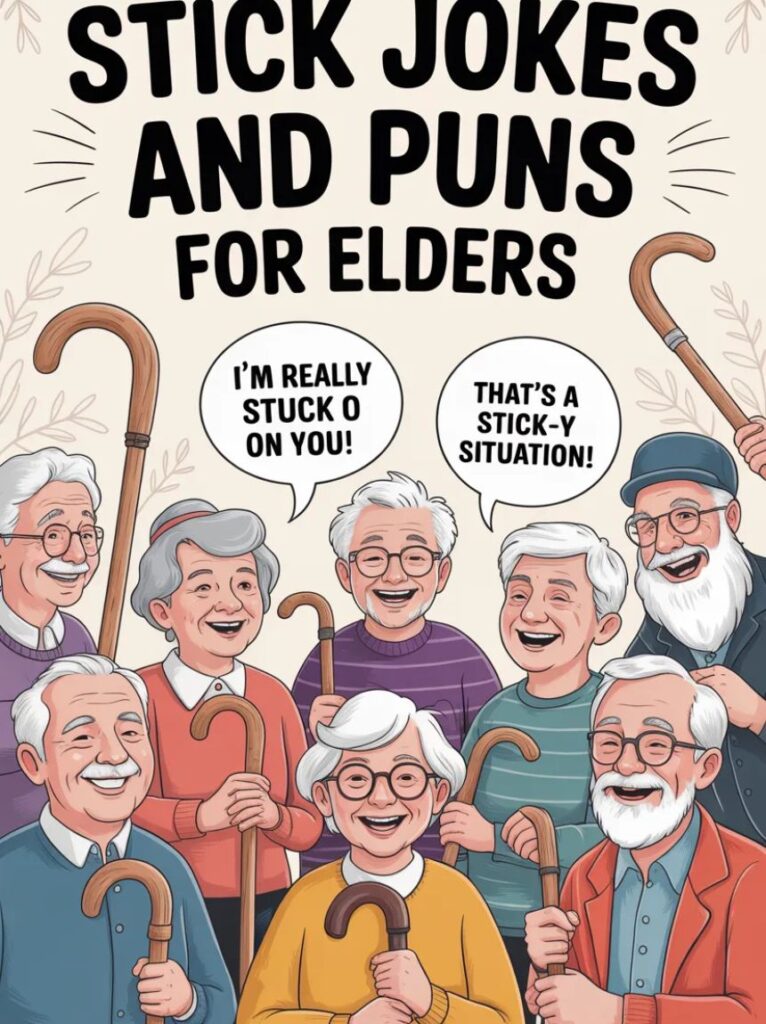 An elderly person laughing while holding a stick, enjoying lighthearted stick-themed jokes and puns in a playful and cheerful setting.