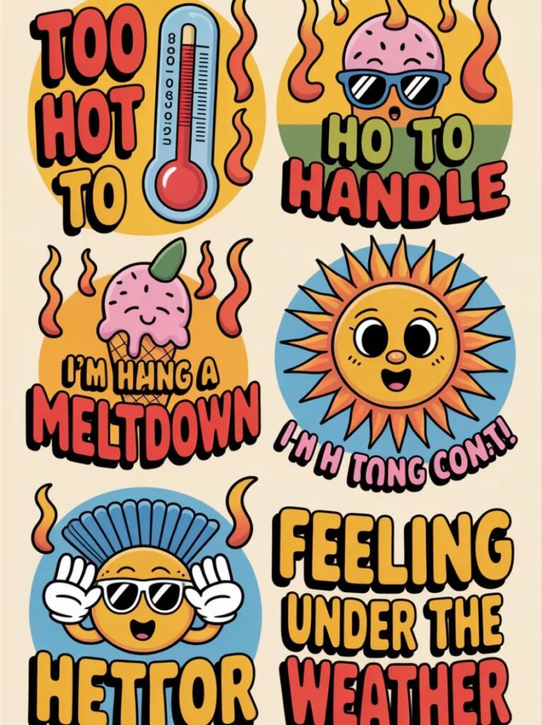 A smiling sun wearing sunglasses over a bright summer scene, representing playful and funny summer heat puns.